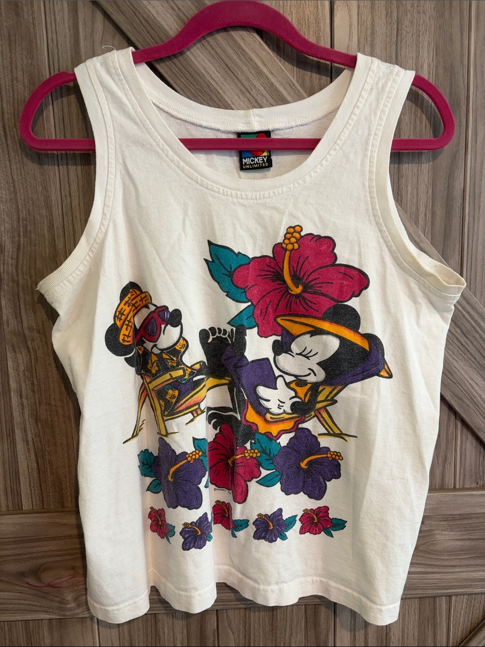 Vintage Disney White Tank with Colorful Mickey & Minnie Tropical Floral Print